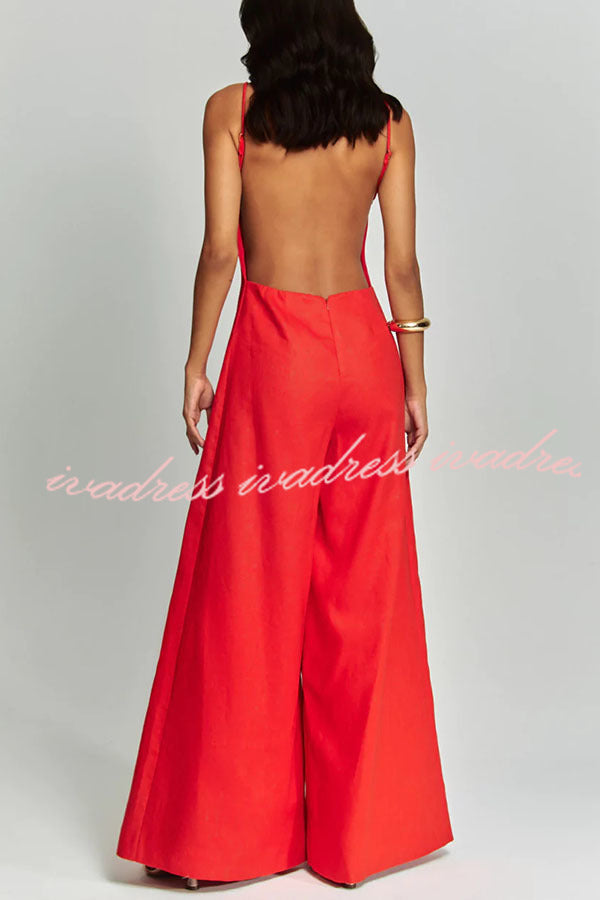 Kelso Linen Blend Square Neck Pocketed Backless Wide Leg Jumpsuit