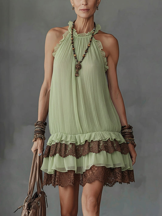 Green Pleated Chiffon Halter Mini Dress with Brown Lace Trim
