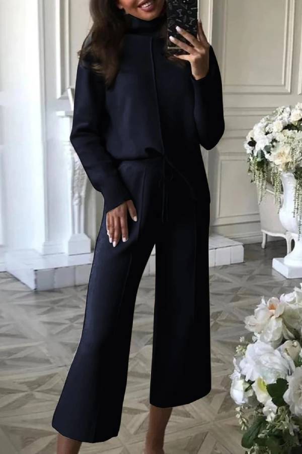 Trajes casuales de dos piezas con pantalones anchos de punto y cuello alto