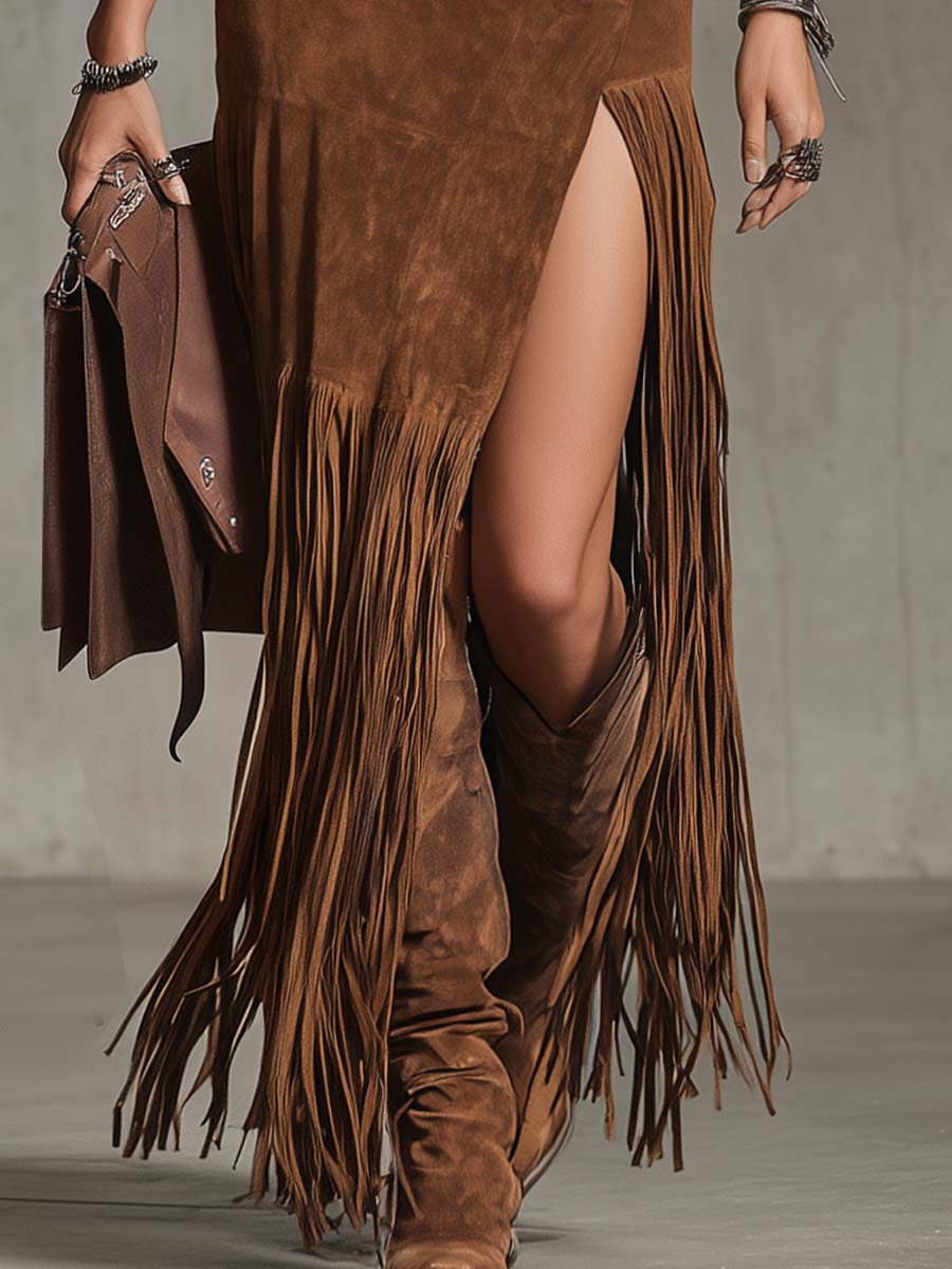 Exquisite Vintage Western Cowboy Patchwork Brown Suede Tassel Asymmetrical Slit Long Skirt