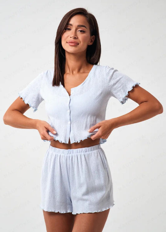 Ruffle Hem Short Sleeve Lounge Set – Light Blue