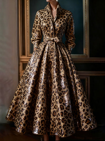sheenchic Party Metallic Brown Leopard Stand-Up Collar Long Sleeve Pocket Casual Lace Up Sequin Maxi Dresses