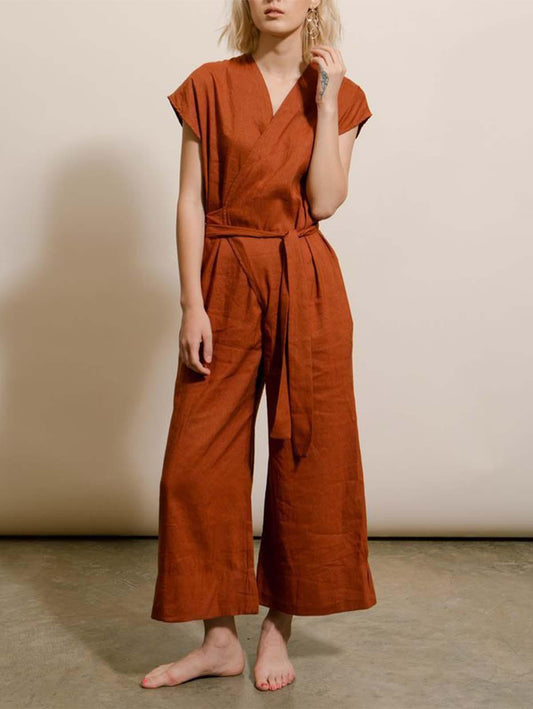 Vintage Wide Leg Linen Wrap Jumpsuit