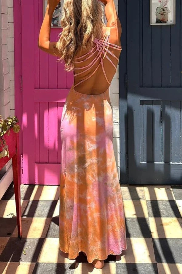 Summer Adventures Tie-dye Print Back Lace-up Stretch Maxi Dress