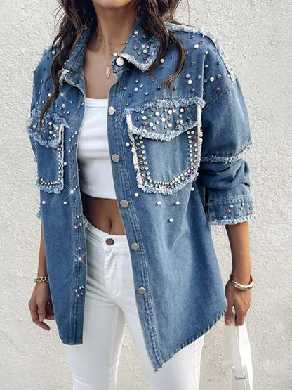 Casual Blue Denim Rhinestone Beaded Raw Edge Flap Pocket Long Sleeve Jacket