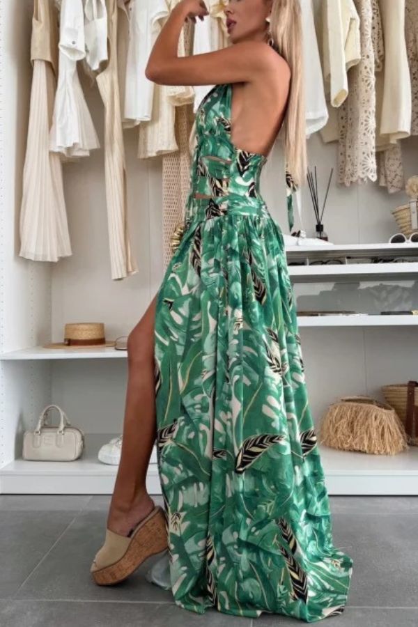 Amazon Scenery Unique Print Tie-up Cutout Waist Ring Halter Slit Maxi Dress