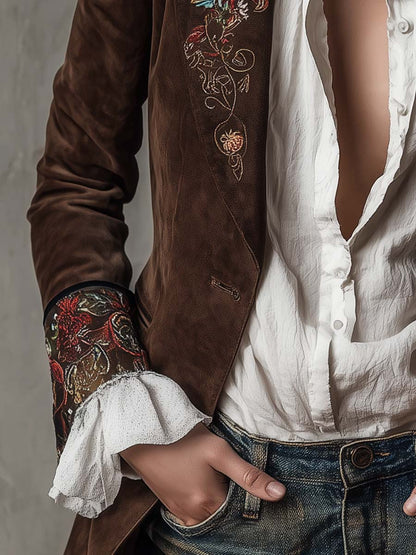 Vintage Brown Suede Blazer With Embroidered Details