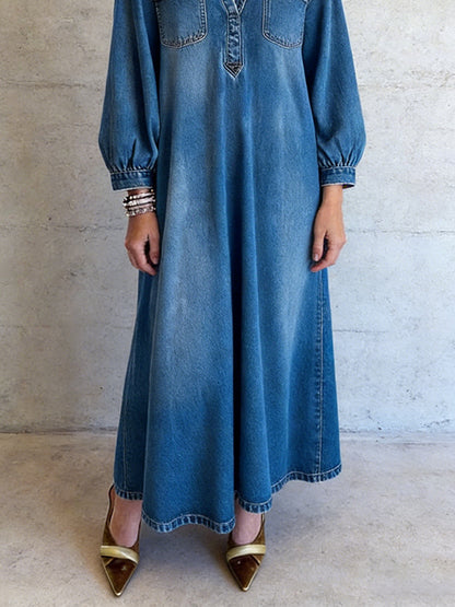 sheenchic Daily Blue Shirt Collar Lantern Sleeve Long Sleeve Pocket Casual Denim Maxi Dresses [Pre-Order]