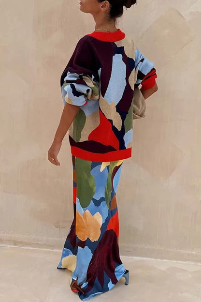 Cárdigan holgado de manga larga con botones y bloques de colores abstractos de punto brillante y atrevido 