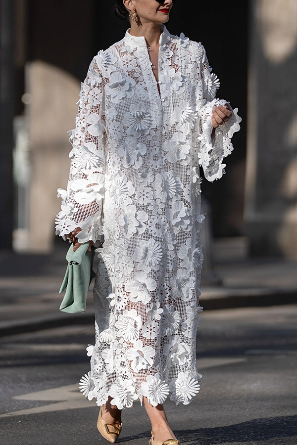 Solid Color Hollow Embroidery Loose Long Sleeve Midi Dress