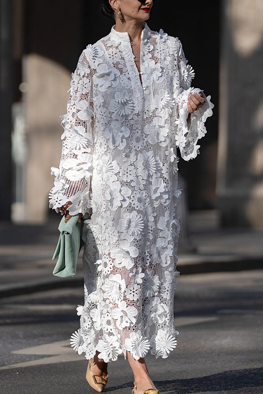 Solid Color Hollow Embroidery Loose Long Sleeve Midi Dress