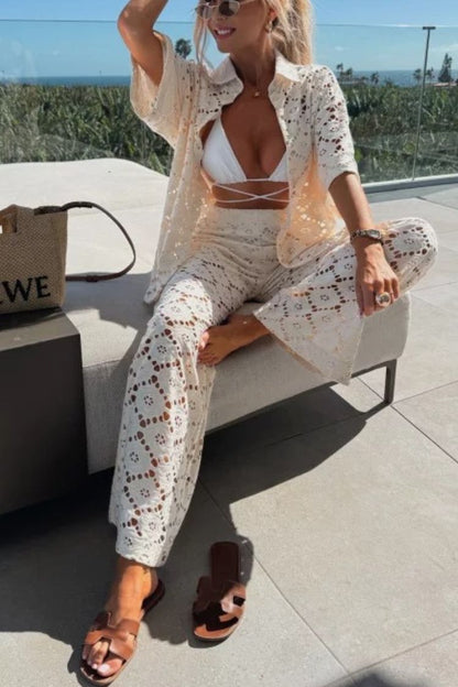 Holiday Crochet Flowers Lace Short Sleeve Shirt and Elastic Waist Wide Leg Pants Set
