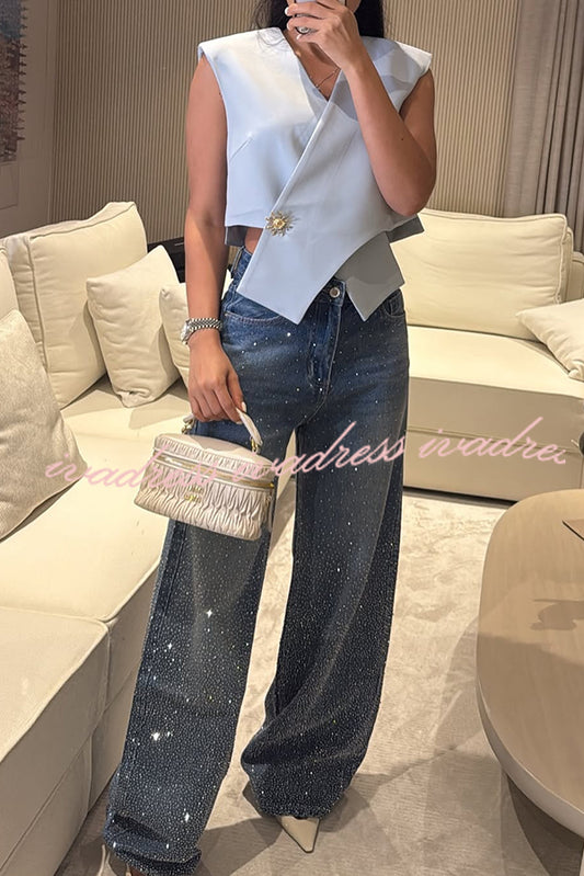 Fashion Star Rhinestone High Rise Casual Pocket Straight Loose Jeans