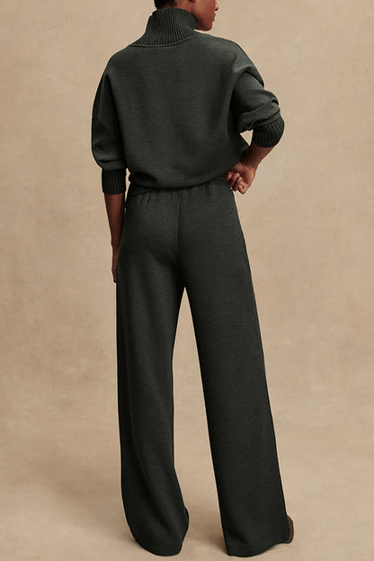 Barker High-Neck Long Sleeve Side Zipper Sweatshirt and Elastic Waist Pocketed Loose Pants Set