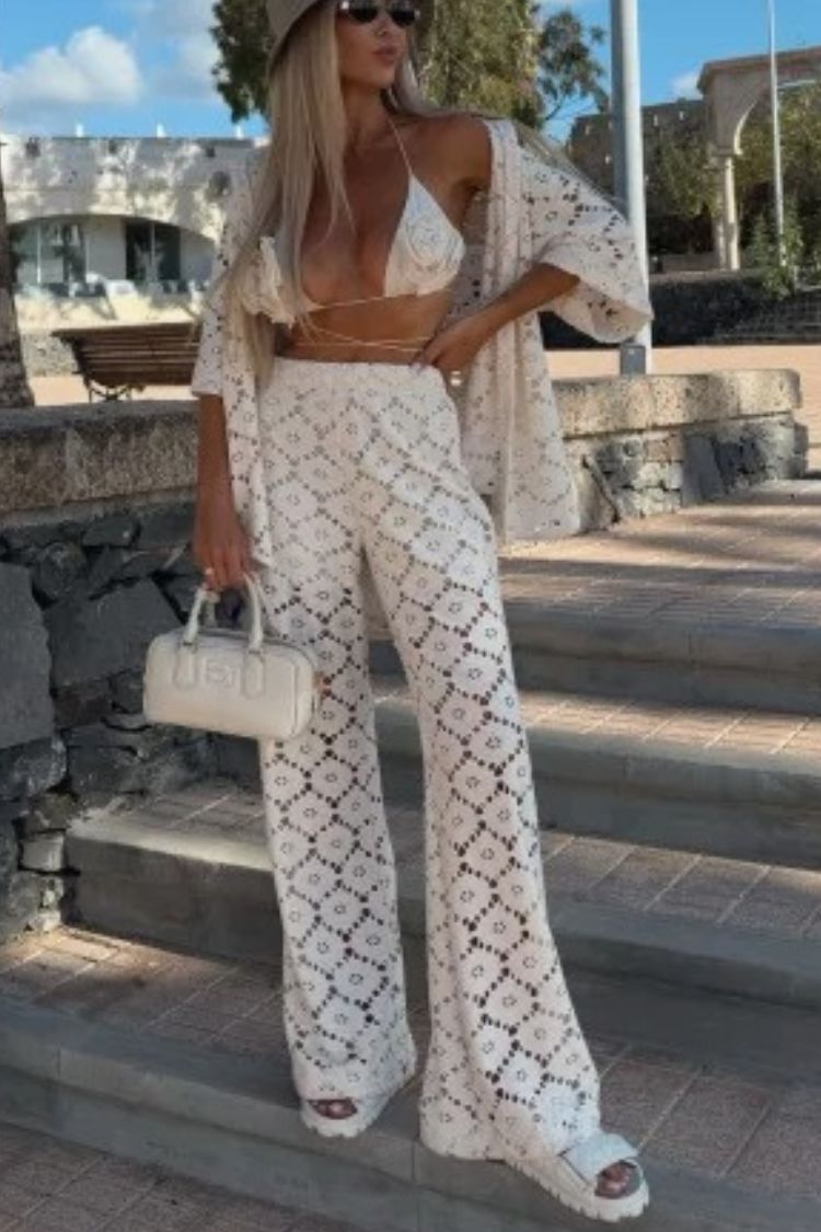 Holiday Crochet Flowers Lace Short Sleeve Shirt and Elastic Waist Wide Leg Pants Set