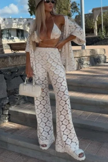 Holiday Crochet Flowers Lace Short Sleeve Shirt and Elastic Waist Wide Leg Pants Set