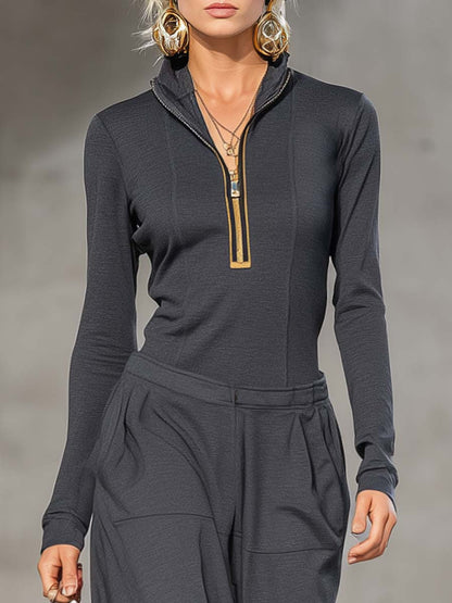 Daily Black Shirt Collar Long Sleeve Zipper Casual Pocket Two Piece Pant Sets