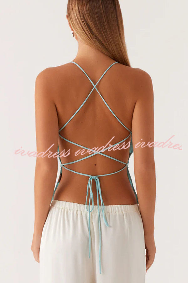 Dazzling Sequin Beaded Material Back Lace-up Loose Tank