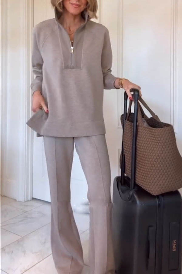 Alfia Ribbed Stand Zipper Neck Long Sleeve Sweatshirt and Button Elastic Waist Pocketed Loose Pants Set