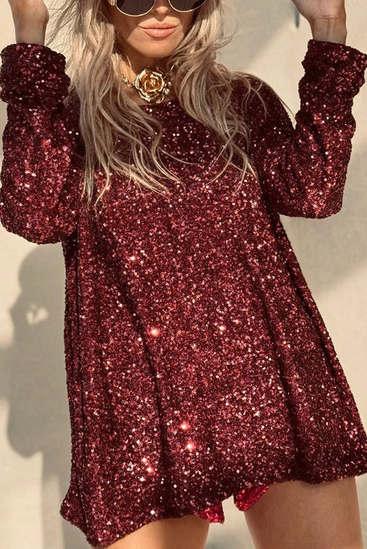 Haute Holidays Sequin Wide Neck Long Sleeve Loose Top