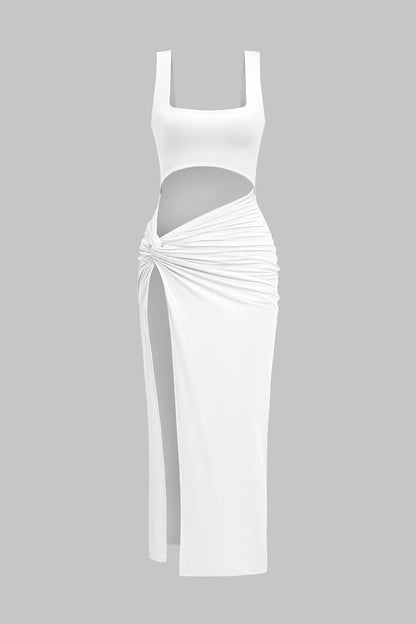 Solid Twist Front Cut Out Slit Midi Dress