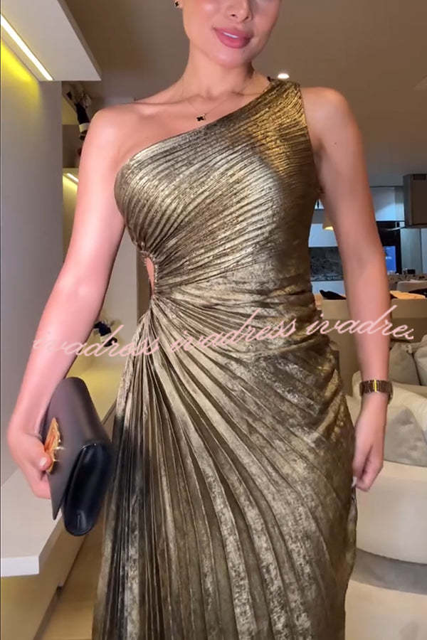 Vestido largo plisado con un hombro descubierto y tejido metalizado Midnight Kiss 