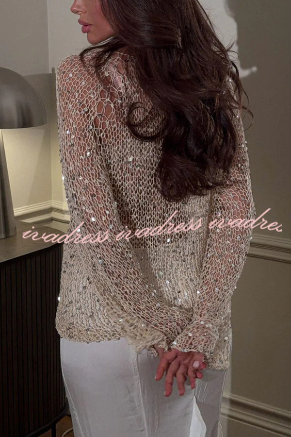 Fashion Sequined Hollow Long Sleeve Loose Knit Top