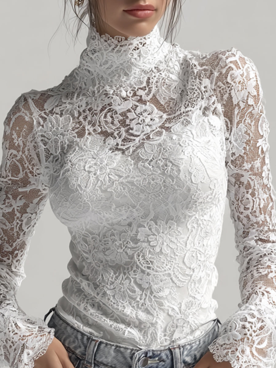 sheenchic White Sheer Lace High Neck Flare Sleeves Top & Camisole 2Pcs Set