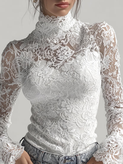 sheenchic White Sheer Lace High Neck Flare Sleeves Top & Camisole 2Pcs Set