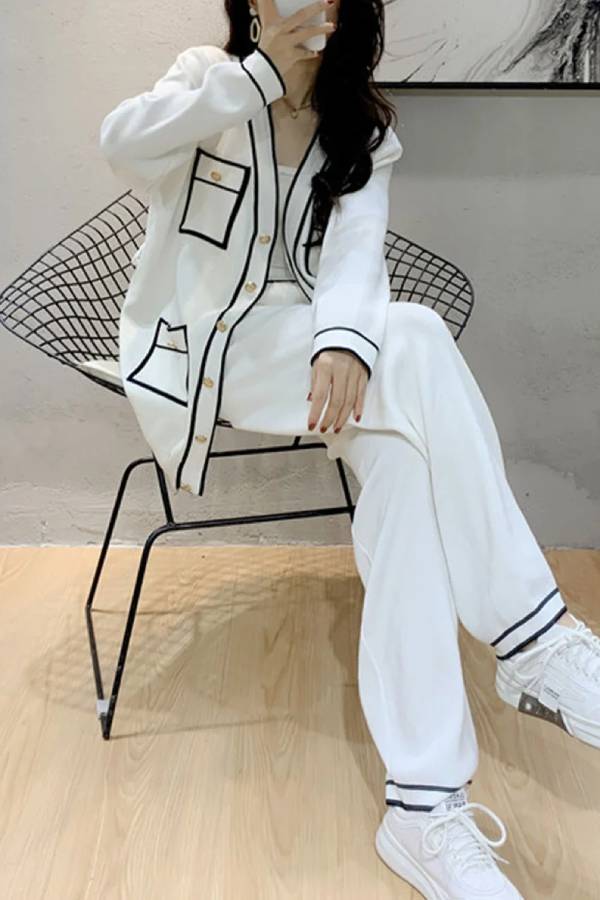 Elegant Color Contrast Two-piece Sweater Suit