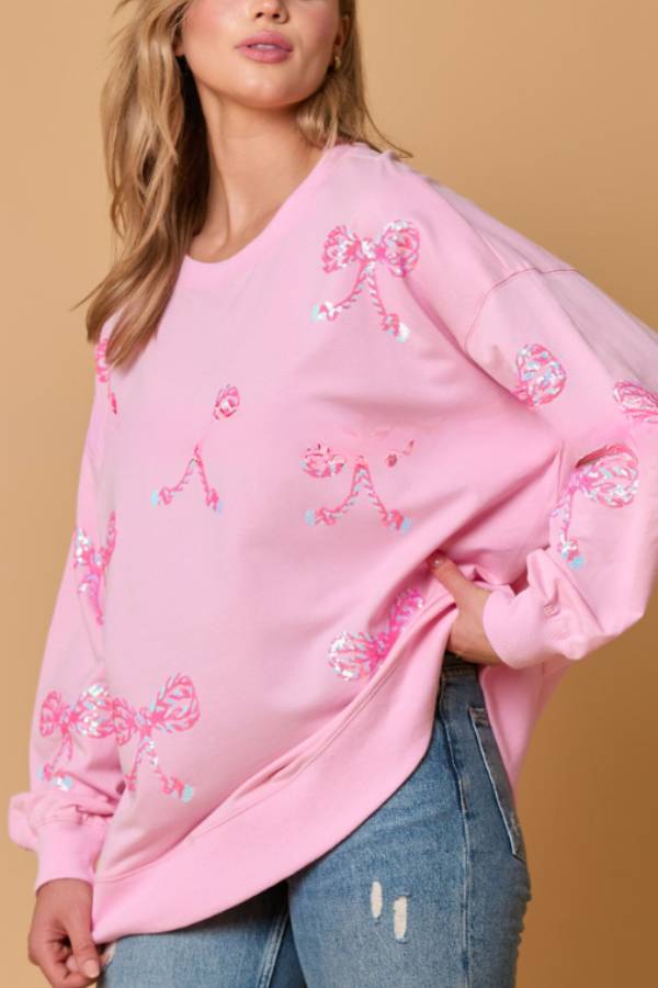 Bowknot Sequined Casual Loose Long Sleeve Sweatshirt