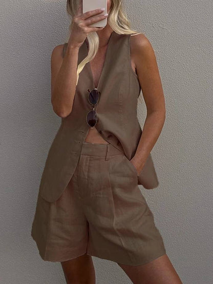 Minimalist Cotton Linen Vest And Shorts Suit