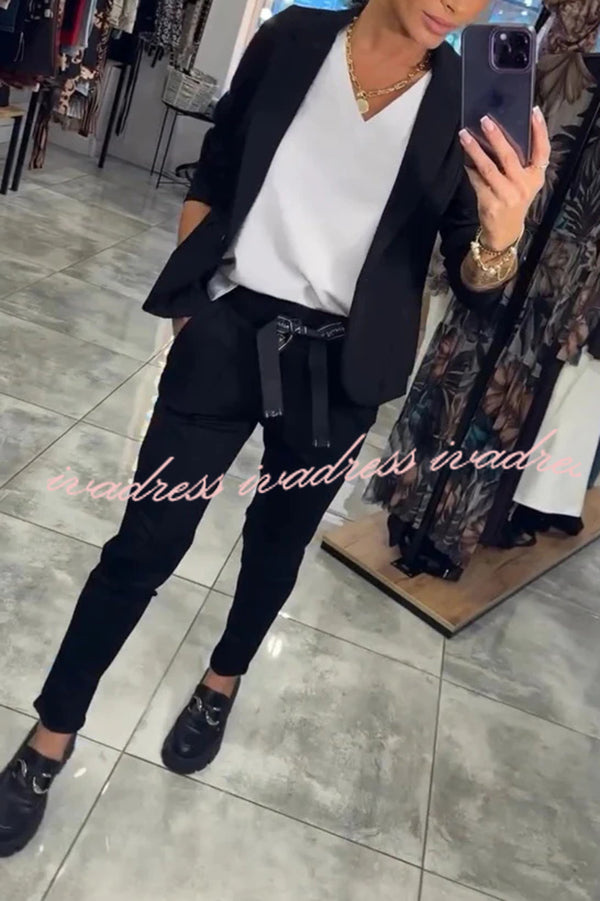 Smart Casual Lapel Blazer and Elastic Waist Tie Pocket Pants Set