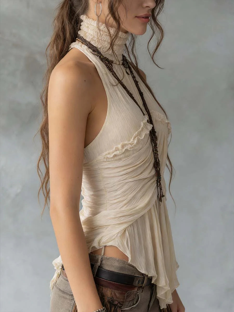 sheenchic Vacation Beige High Collar Ruffled Boho Asymmetric Hem Chiffon Tops [Pre-Order]