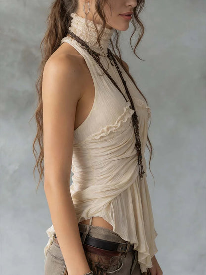 sheenchic Vacation Beige High Collar Ruffled Boho Asymmetric Hem Chiffon Tops [Pre-Order]