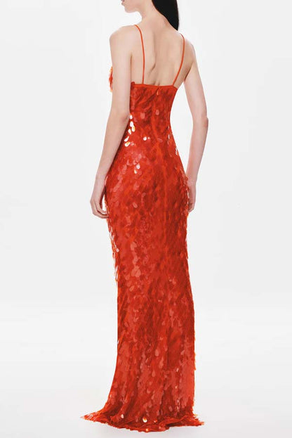 Reshape Beauty Fish Scale Sequin Cutout U-neck Slip Maxi Dress