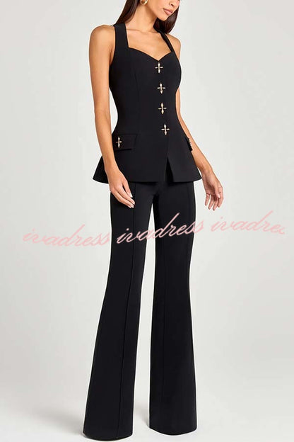 Women Power Metal Cross Snap Button Sweetheart Neck Wide Strap Vest