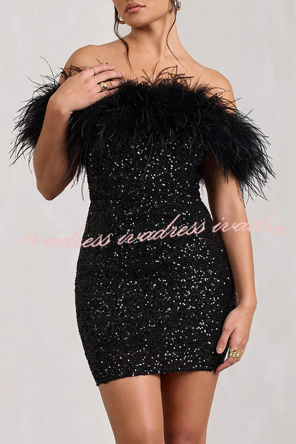 It's Show Biz Sequin Feather Trim Bodycon Mini Dress
