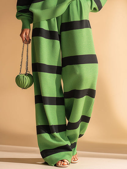 Casual Sports Green And Black Striped Sweatshirt And Pants Set
