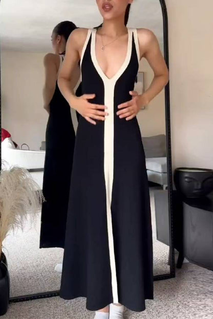 Vestido largo de tirantes con escote en V profundo y bloques de color 