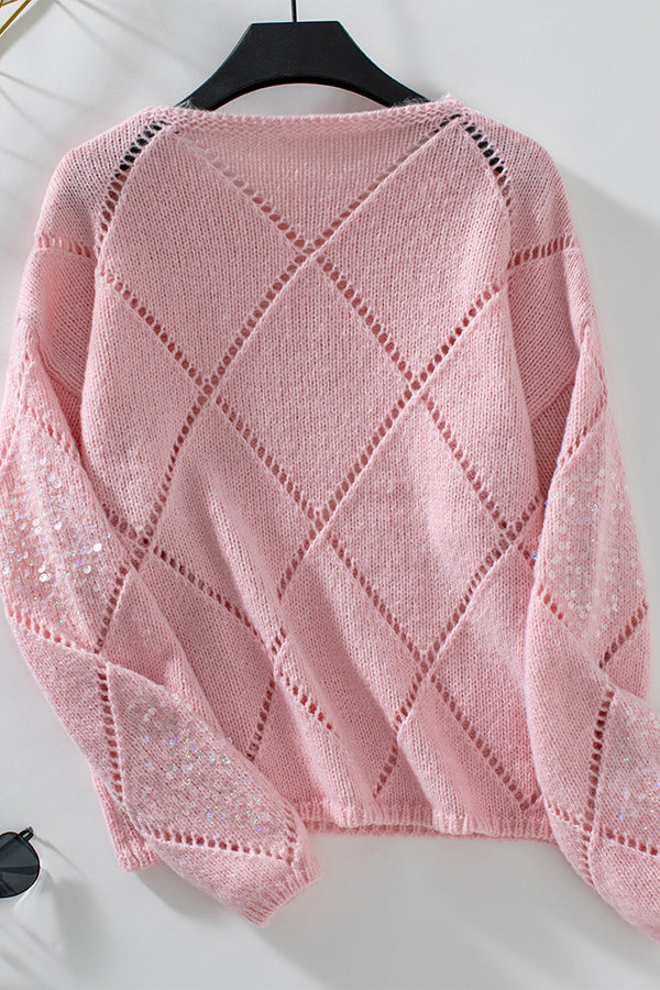 Fashionable Hollow Sequined Loose Rhombus Knitted Sweater