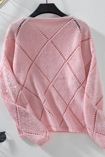 Fashionable Hollow Sequined Loose Rhombus Knitted Sweater