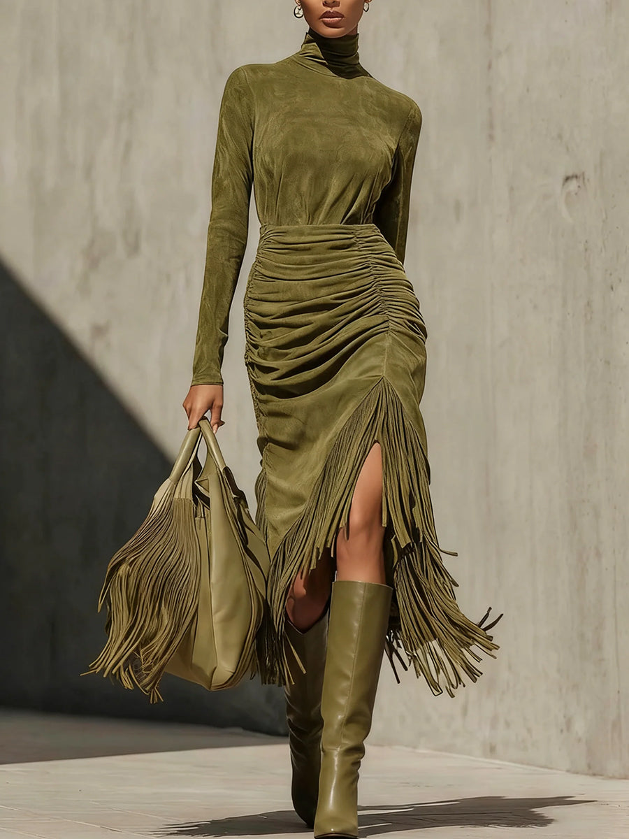 Daily Army Green High Collar Long Sleeve Ruffled Western Strappy Chamois Midi Dresses