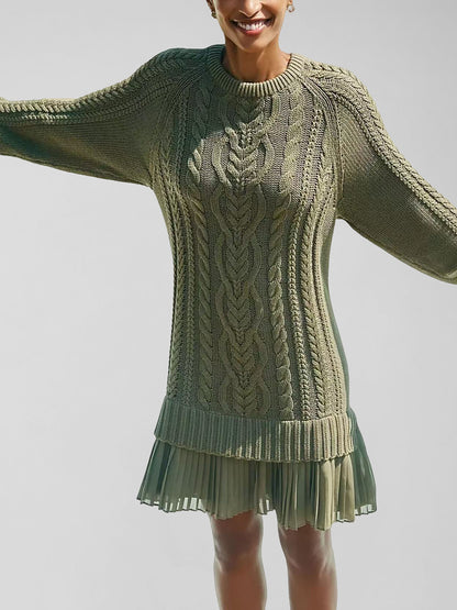 Daily Chiffon Beige Round Neck Long Sleeve Contrast Casual Knitted Mini Dresses