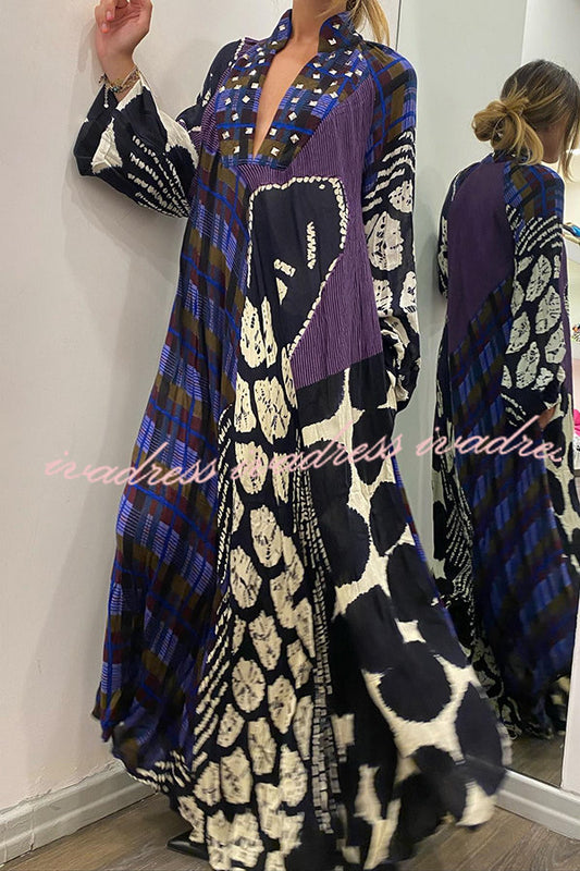 Vestido camisero largo de manga larga con bolsillos y estampado creativo en bloques de color 