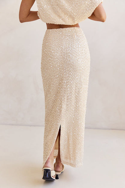 Milla Knit Sequin High Rise Side Zipper Slit Straight Maxi Skirt
