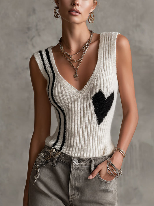 White Ribbed Knit Sleeveless Heart Pattern V-Neck Vest