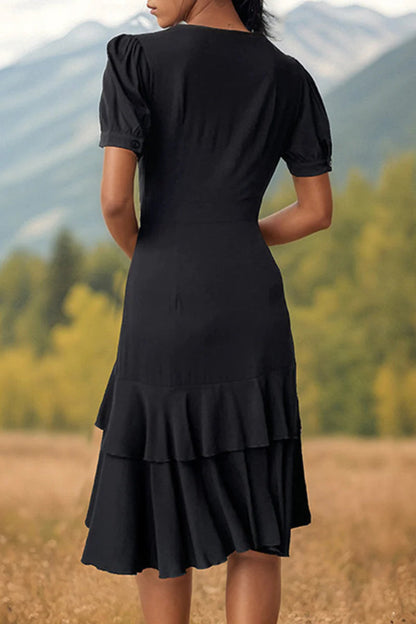 Elegante vestido irregular con cuello en V, volantes y botones sólidos