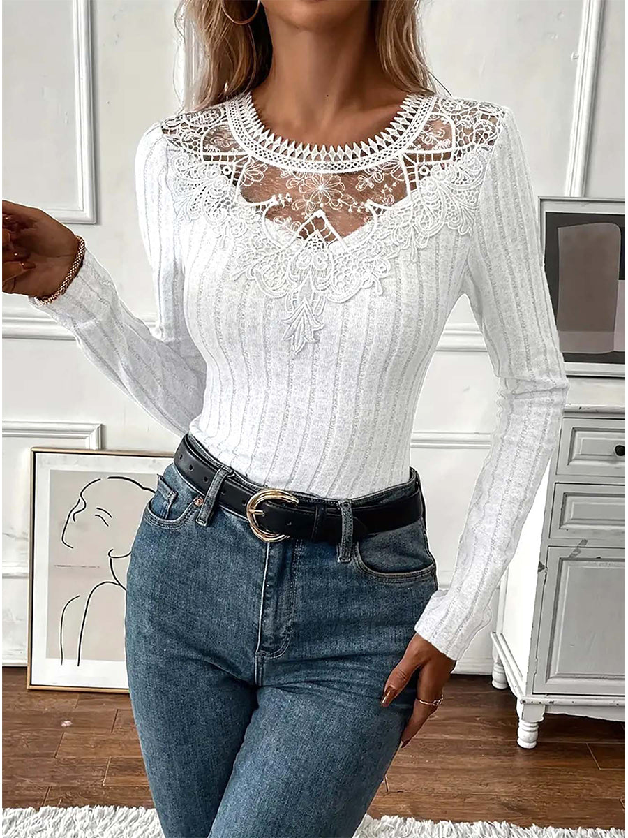 Valentines Grey Round Neck Long Sleeve Cut Out Casual Contrast Lace Blouses