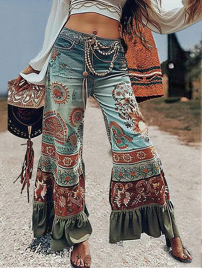 sheenchic Boho Print Ruffle Hem Flare Pants